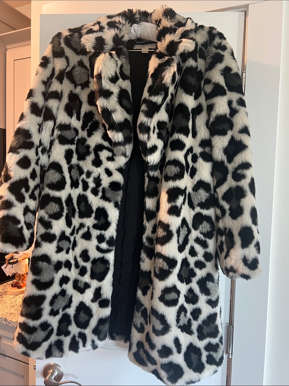 Michael Kors Black and White Leopard Print Faux Fur Teddy Coat